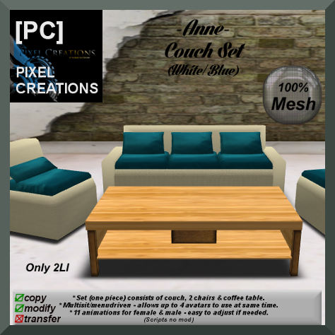 PIXEL CREATIONS - ANNE COUCH SET WHITE BLUE