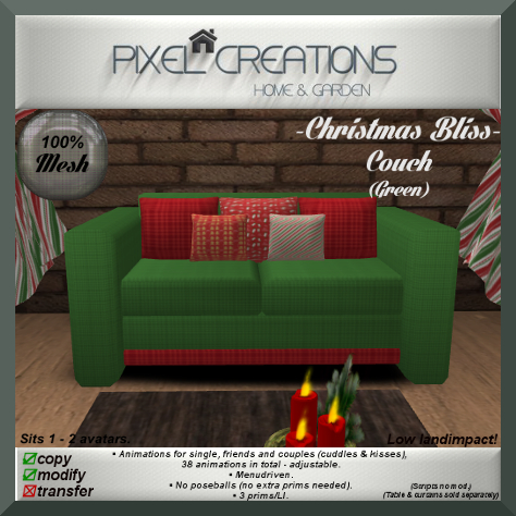 PC PIXEL CREATIONS - CHRISTMAS BLISS COUCH GREEN